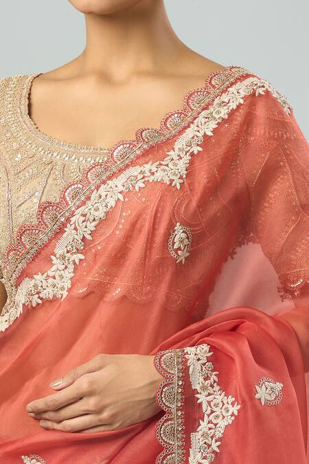 Buy Prisho Beige Silk Embroidery Round Neck Dori Floral Saree And Blouse Set Buy_Prisho_Beige Silk Embroidery Round Neck Dori Floral Saree And Blouse Set