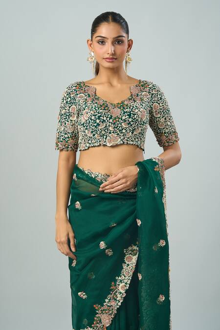 Prisho_Green Embroidery Collared Botanical Motif Saree Set _Online_at_Aza_Fashions