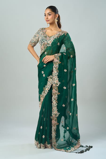 Buy_Prisho_Green Embroidery Collared Botanical Motif Saree Set _Online_at_Aza_Fashions