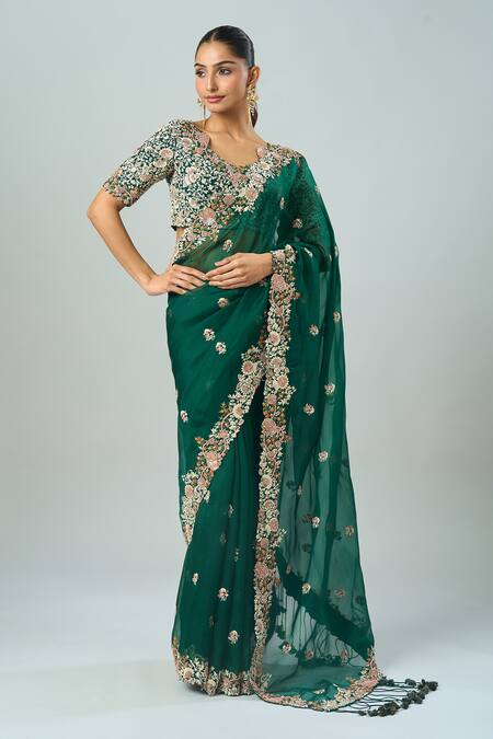 Shop_Prisho_Green Embroidery Collared Botanical Motif Saree Set _Online_at_Aza_Fashions