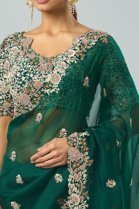 Prisho_Green Embroidery Collared Botanical Motif Saree Set _at_Aza_Fashions