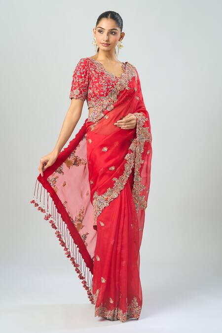 Prisho Red Chiffon Tassels, Embroidery Cowl Neck Saree With Blouse Online at Aza Fashions Prisho_Red Chiffon Tassels, Embroidery Cowl Neck Saree With Blouse _Online_at_Aza_Fashions