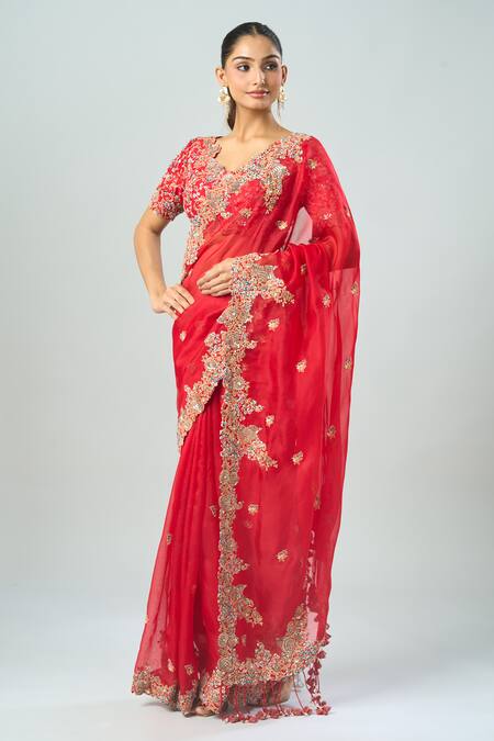 Buy Prisho Red Chiffon Tassels, Embroidery Cowl Neck Saree With Blouse Online at Aza Fashions Buy_Prisho_Red Chiffon Tassels, Embroidery Cowl Neck Saree With Blouse _Online_at_Aza_Fashions