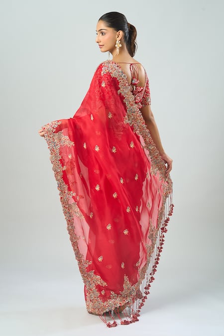 Shop Prisho Red Chiffon Tassels, Embroidery Cowl Neck Saree With Blouse at Aza Fashions Shop_Prisho_Red Chiffon Tassels, Embroidery Cowl Neck Saree With Blouse _at_Aza_Fashions