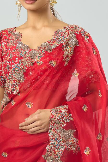 Shop Prisho Red Chiffon Tassels, Embroidery Cowl Neck Saree With Blouse Online at Aza Fashions Shop_Prisho_Red Chiffon Tassels, Embroidery Cowl Neck Saree With Blouse _Online_at_Aza_Fashions