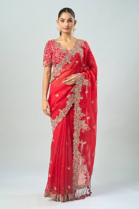 Prisho Red Chiffon Tassels, Embroidery Cowl Neck Saree With Blouse at Aza Fashions Prisho_Red Chiffon Tassels, Embroidery Cowl Neck Saree With Blouse _at_Aza_Fashions