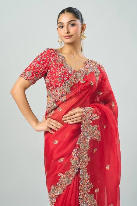 Buy Prisho Red Chiffon Tassels, Embroidery Cowl Neck Saree With Blouse Buy_Prisho_Red Chiffon Tassels, Embroidery Cowl Neck Saree With Blouse