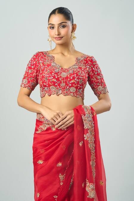 Shop Prisho Red Chiffon Tassels, Embroidery Cowl Neck Saree With Blouse Shop_Prisho_Red Chiffon Tassels, Embroidery Cowl Neck Saree With Blouse
