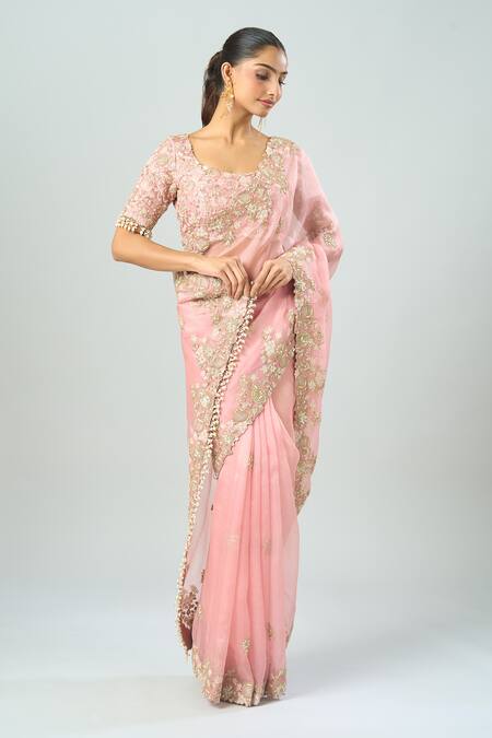 Prisho Pink Embroidery Open Neck Saree With Blouse Online at Aza Fashions Prisho_Pink Embroidery Open Neck Saree With Blouse _Online_at_Aza_Fashions