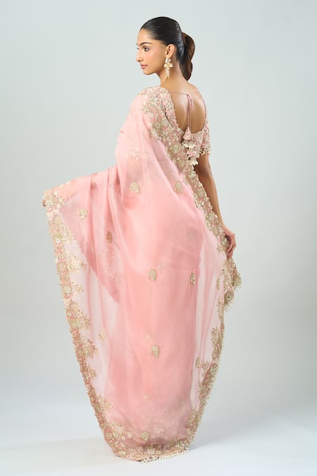 Shop Prisho Pink Embroidery Open Neck Saree With Blouse at Aza Fashions Shop_Prisho_Pink Embroidery Open Neck Saree With Blouse _at_Aza_Fashions