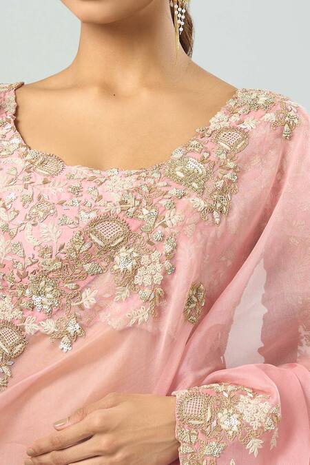 Buy Prisho Pink Embroidery Open Neck Saree With Blouse Online at Aza Fashions Buy_Prisho_Pink Embroidery Open Neck Saree With Blouse _Online_at_Aza_Fashions