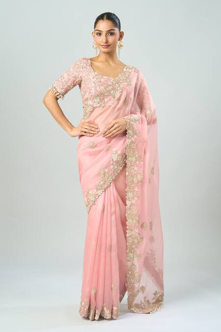 Shop Prisho Pink Embroidery Open Neck Saree With Blouse Online at Aza Fashions Shop_Prisho_Pink Embroidery Open Neck Saree With Blouse _Online_at_Aza_Fashions