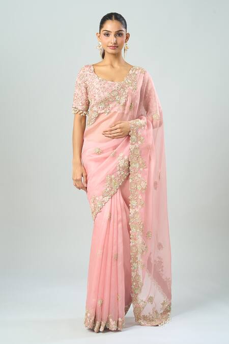 Prisho Pink Embroidery Open Neck Saree With Blouse at Aza Fashions Prisho_Pink Embroidery Open Neck Saree With Blouse _at_Aza_Fashions