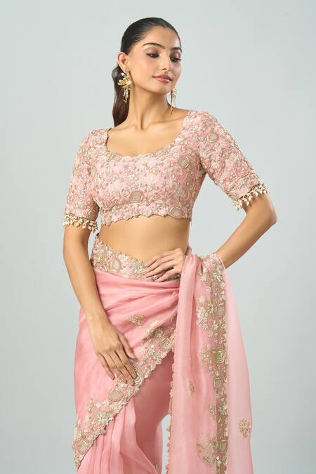 Buy Prisho Pink Embroidery Open Neck Saree With Blouse Buy_Prisho_Pink Embroidery Open Neck Saree With Blouse