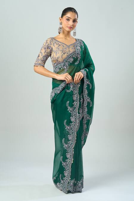 Prisho Green Silk Embroidery Floral Vine Saree And Blouse Online at Aza Fashions Prisho_Green Silk Embroidery Floral Vine Saree And Blouse _Online_at_Aza_Fashions