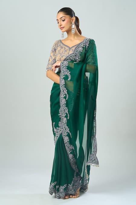 Shop Prisho Green Silk Embroidery Floral Vine Saree And Blouse Online at Aza Fashions Shop_Prisho_Green Silk Embroidery Floral Vine Saree And Blouse _Online_at_Aza_Fashions