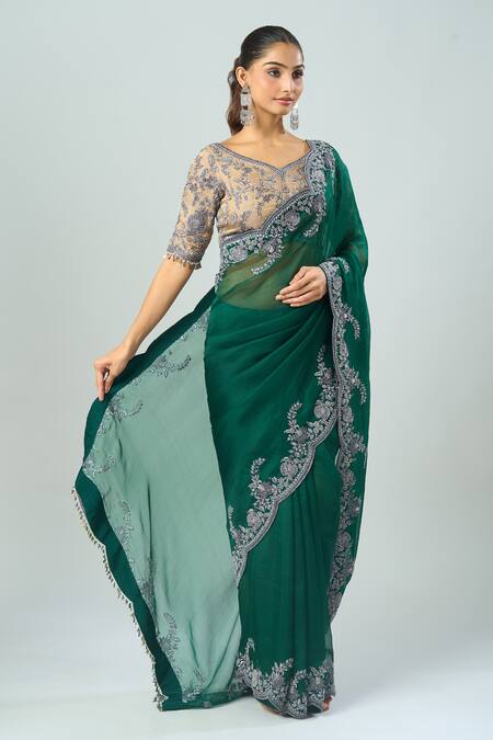 Prisho Green Silk Embroidery Floral Vine Saree And Blouse at Aza Fashions Prisho_Green Silk Embroidery Floral Vine Saree And Blouse _at_Aza_Fashions