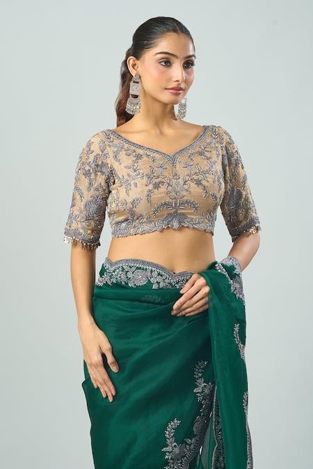 Buy Prisho Green Silk Embroidery Floral Vine Saree And Blouse Buy_Prisho_Green Silk Embroidery Floral Vine Saree And Blouse