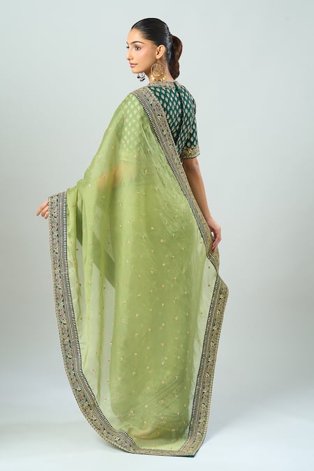 Shop_Azeera_Green Embroidery, Sequins V-neck Floral Saree Set _at_Aza_Fashions