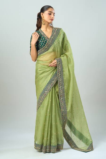 Azeera_Green Embroidery, Sequins V-neck Floral Saree Set _Online_at_Aza_Fashions