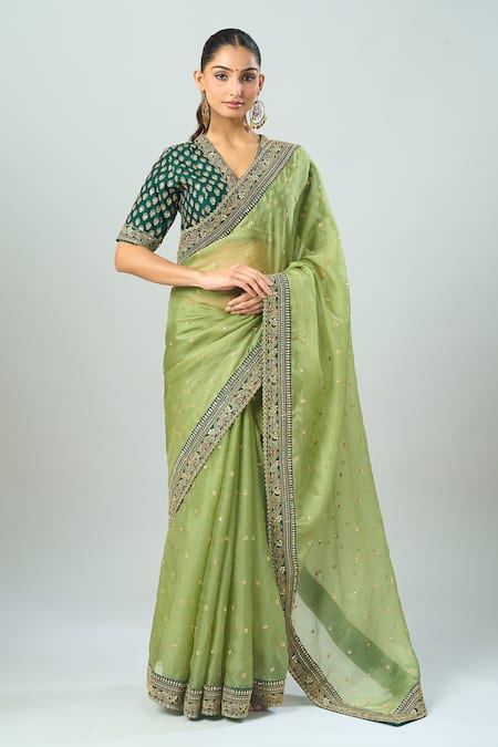 Buy_Azeera_Green Embroidery, Sequins V-neck Floral Saree Set _Online_at_Aza_Fashions