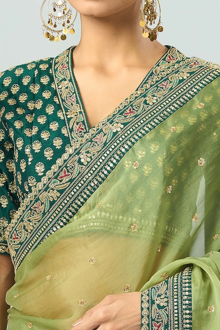 Shop_Azeera_Green Embroidery, Sequins V-neck Floral Saree Set _Online_at_Aza_Fashions