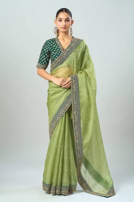 Azeera_Green Embroidery, Sequins V-neck Floral Saree Set _at_Aza_Fashions