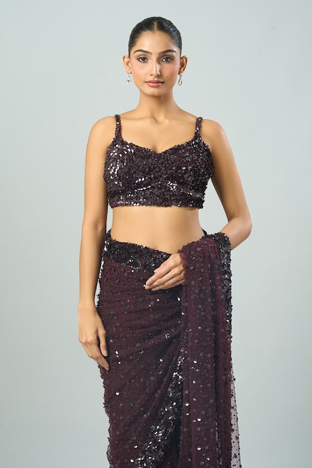 Azeera Wine Chiffon Sequins, Beads Sweetheart Neck Embroidered Saree And Blouse Set Online at Aza Fashions Azeera_Wine Chiffon Sequins, Beads Sweetheart Neck Embroidered Saree And Blouse Set _Online_at_Aza_Fashions