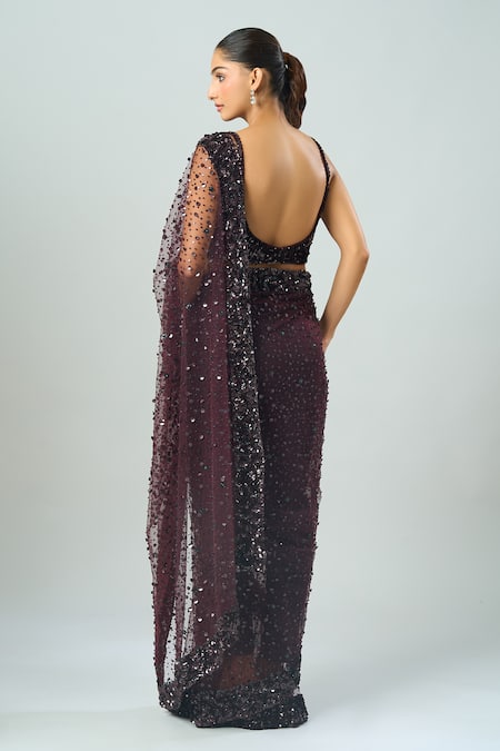 Shop Azeera Wine Chiffon Sequins, Beads Sweetheart Neck Embroidered Saree And Blouse Set at Aza Fashions Shop_Azeera_Wine Chiffon Sequins, Beads Sweetheart Neck Embroidered Saree And Blouse Set _at_Aza_Fashions