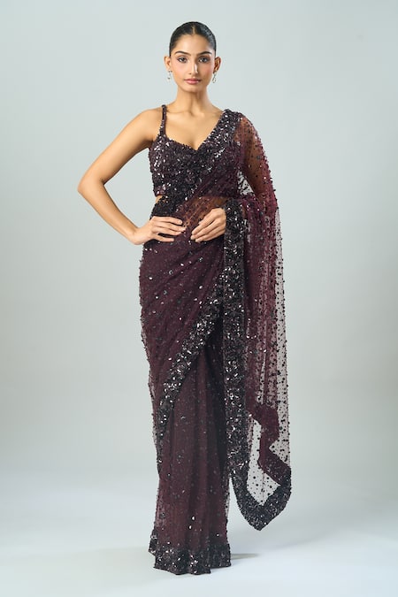 Shop Azeera Wine Chiffon Sequins, Beads Sweetheart Neck Embroidered Saree And Blouse Set Online at Aza Fashions Shop_Azeera_Wine Chiffon Sequins, Beads Sweetheart Neck Embroidered Saree And Blouse Set _Online_at_Aza_Fashions
