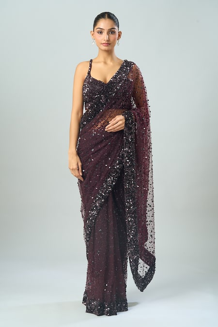 Azeera Wine Chiffon Sequins, Beads Sweetheart Neck Embroidered Saree And Blouse Set at Aza Fashions Azeera_Wine Chiffon Sequins, Beads Sweetheart Neck Embroidered Saree And Blouse Set _at_Aza_Fashions