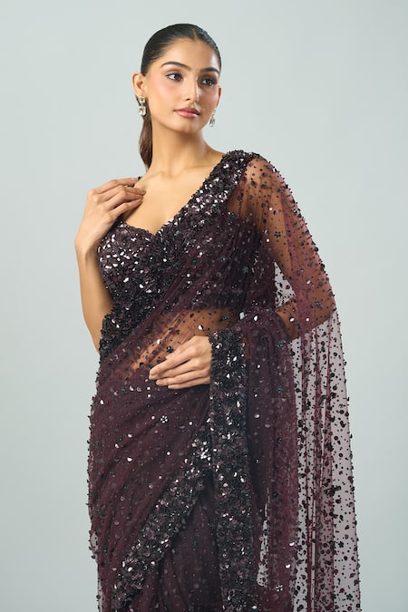Buy Azeera Wine Chiffon Sequins, Beads Sweetheart Neck Embroidered Saree And Blouse Set Buy_Azeera_Wine Chiffon Sequins, Beads Sweetheart Neck Embroidered Saree And Blouse Set