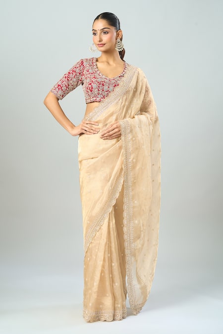 Azeera_Gold Silk Embroidery, Sequins, Beads Scoop Floral Saree With Contrast Blouse _Online_at_Aza_Fashions