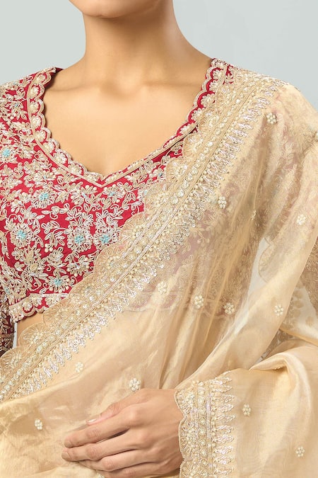 Buy_Azeera_Gold Silk Embroidery, Sequins, Beads Scoop Floral Saree With Contrast Blouse _Online_at_Aza_Fashions