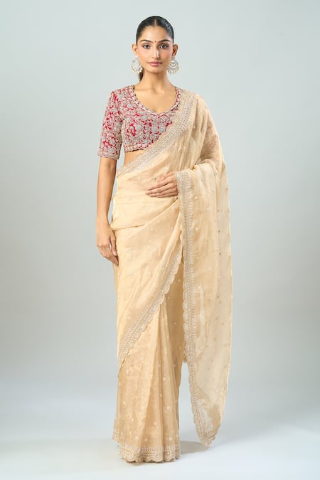 Shop_Azeera_Gold Silk Embroidery, Sequins, Beads Scoop Floral Saree With Contrast Blouse _Online_at_Aza_Fashions
