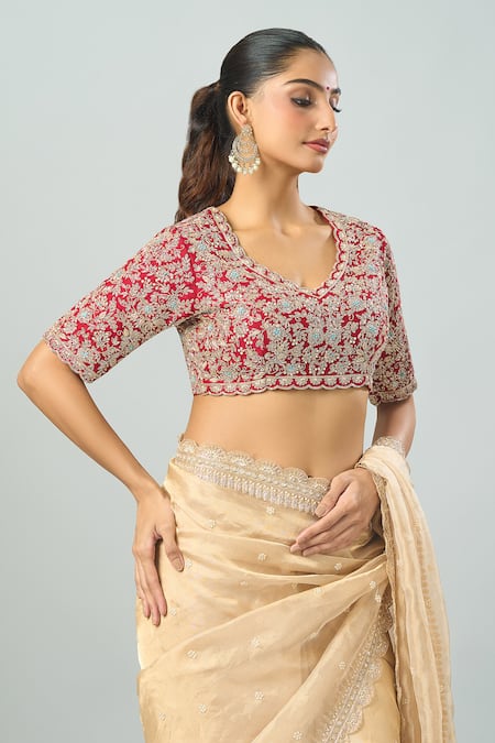 Azeera_Gold Silk Embroidery, Sequins, Beads Scoop Floral Saree With Contrast Blouse _at_Aza_Fashions