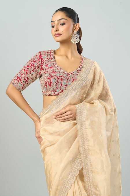 Buy_Azeera_Gold Silk Embroidery, Sequins, Beads Scoop Floral Saree With Contrast Blouse 