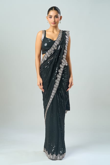 Azeera Black Sequins, Embroidery Asymmetric Stripe Saree And Blouse Online at Aza Fashions Azeera_Black Sequins, Embroidery Asymmetric Stripe Saree And Blouse _Online_at_Aza_Fashions