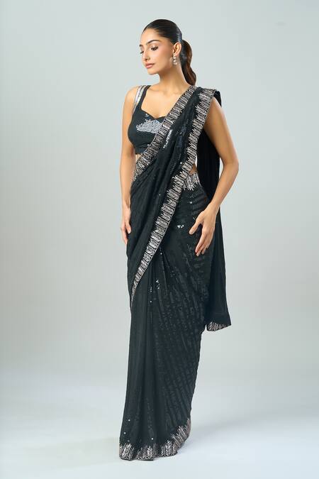 Buy Azeera Black Sequins, Embroidery Asymmetric Stripe Saree And Blouse Online at Aza Fashions Buy_Azeera_Black Sequins, Embroidery Asymmetric Stripe Saree And Blouse _Online_at_Aza_Fashions
