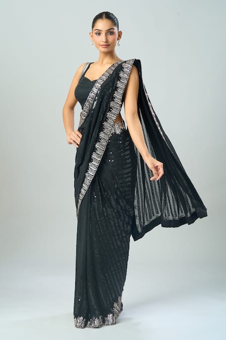 Shop Azeera Black Sequins, Embroidery Asymmetric Stripe Saree And Blouse Online at Aza Fashions Shop_Azeera_Black Sequins, Embroidery Asymmetric Stripe Saree And Blouse _Online_at_Aza_Fashions