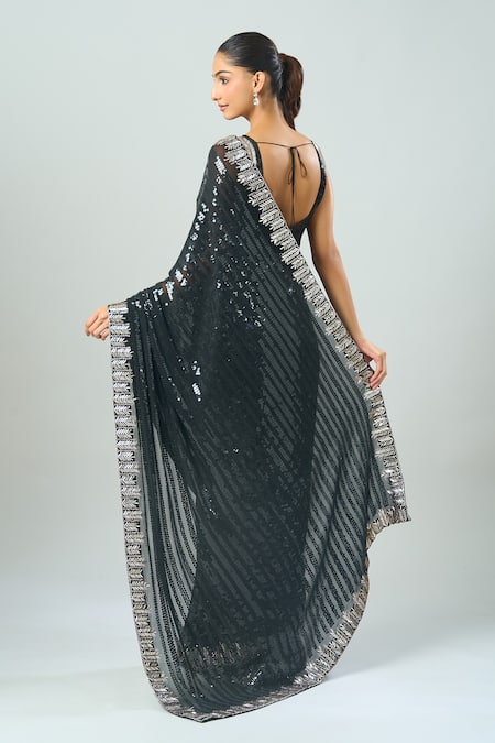 Shop Azeera Black Sequins, Embroidery Asymmetric Stripe Saree And Blouse at Aza Fashions Shop_Azeera_Black Sequins, Embroidery Asymmetric Stripe Saree And Blouse _at_Aza_Fashions
