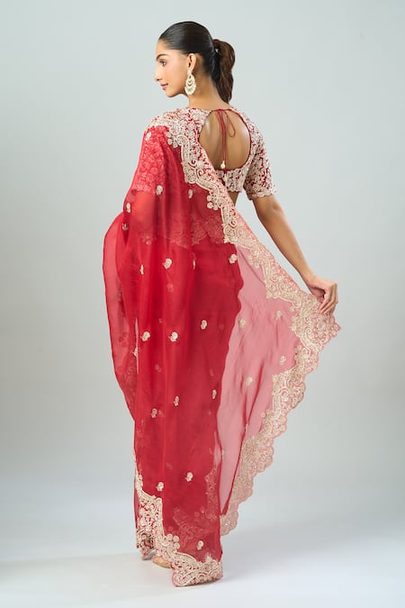 Shop_Azeera_Red Chiffon Sequins, Beads, Embroidery Scoop Neck Floral Saree Set_at_Aza_Fashions