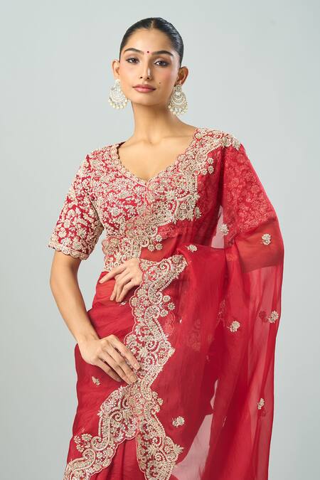 Azeera_Red Chiffon Sequins, Beads, Embroidery Scoop Neck Floral Saree Set_Online_at_Aza_Fashions
