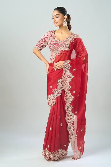 Buy_Azeera_Red Chiffon Sequins, Beads, Embroidery Scoop Neck Floral Saree Set_Online_at_Aza_Fashions