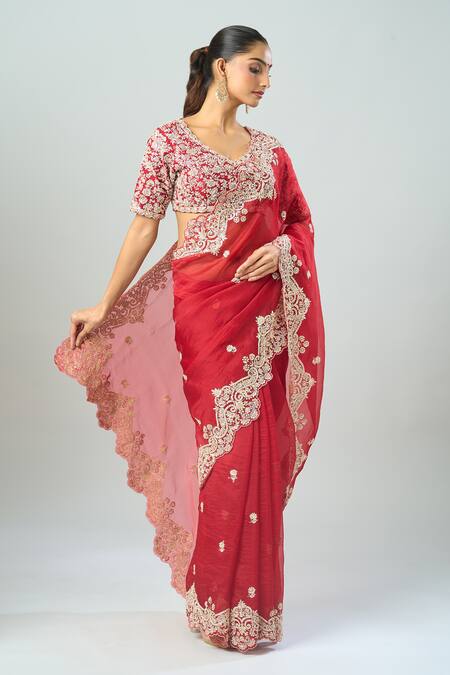 Shop_Azeera_Red Chiffon Sequins, Beads, Embroidery Scoop Neck Floral Saree Set_Online_at_Aza_Fashions