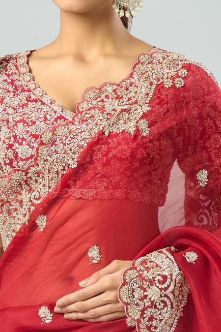 Azeera_Red Chiffon Sequins, Beads, Embroidery Scoop Neck Floral Saree Set_at_Aza_Fashions