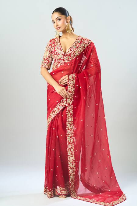 Azeera Red Sequins, Beads, Embroidery V-neck Saree With Blouse Online at Aza Fashions Azeera_Red Sequins, Beads, Embroidery V-neck Saree With Blouse_Online_at_Aza_Fashions
