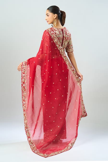 Shop Azeera Red Sequins, Beads, Embroidery V-neck Saree With Blouse at Aza Fashions Shop_Azeera_Red Sequins, Beads, Embroidery V-neck Saree With Blouse_at_Aza_Fashions