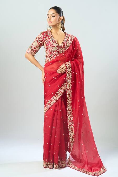 Buy Azeera Red Sequins, Beads, Embroidery V-neck Saree With Blouse Online at Aza Fashions Buy_Azeera_Red Sequins, Beads, Embroidery V-neck Saree With Blouse_Online_at_Aza_Fashions