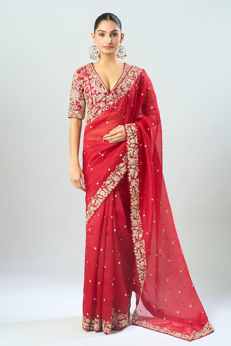 Shop Azeera Red Sequins, Beads, Embroidery V-neck Saree With Blouse Online at Aza Fashions Shop_Azeera_Red Sequins, Beads, Embroidery V-neck Saree With Blouse_Online_at_Aza_Fashions